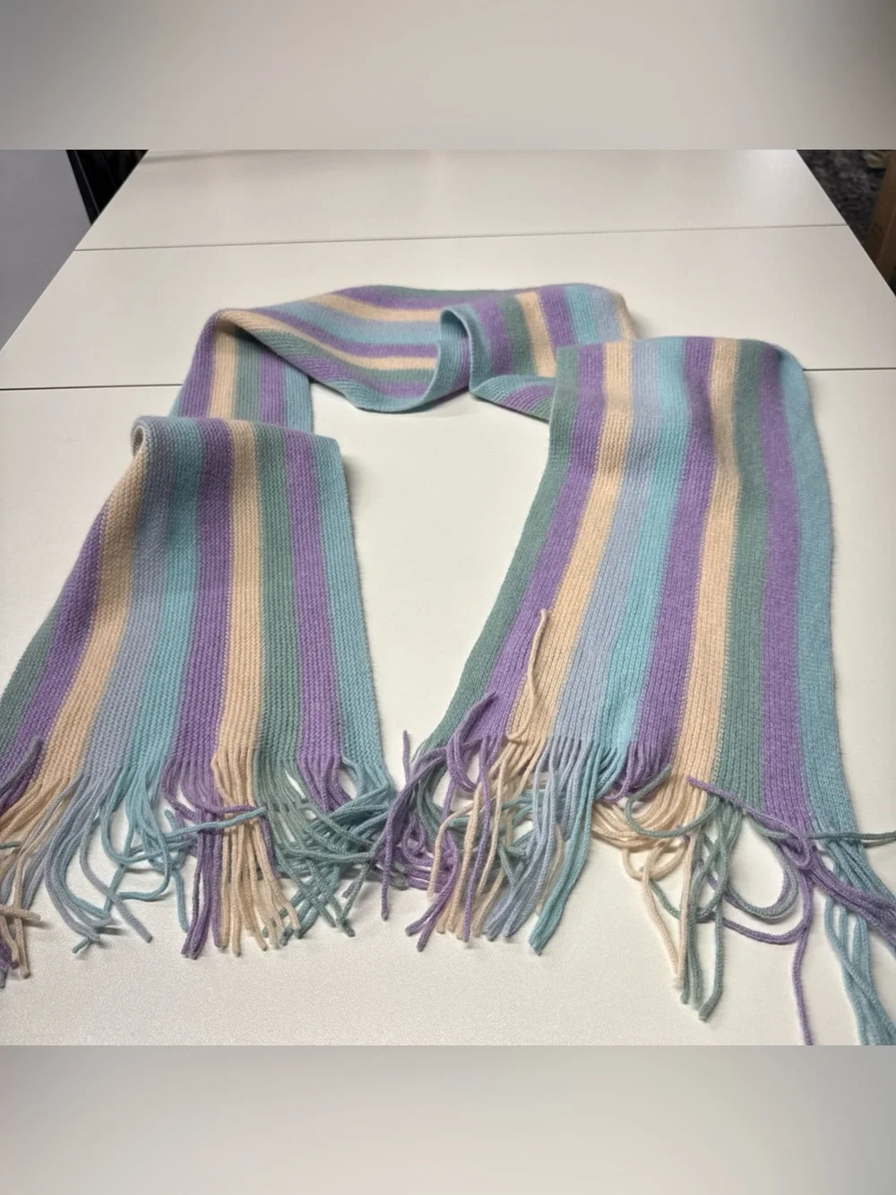 Mc Kennas 100% Pure New Wool Knitted Fringe Hem Scarf Women Pastel Striped 8x76